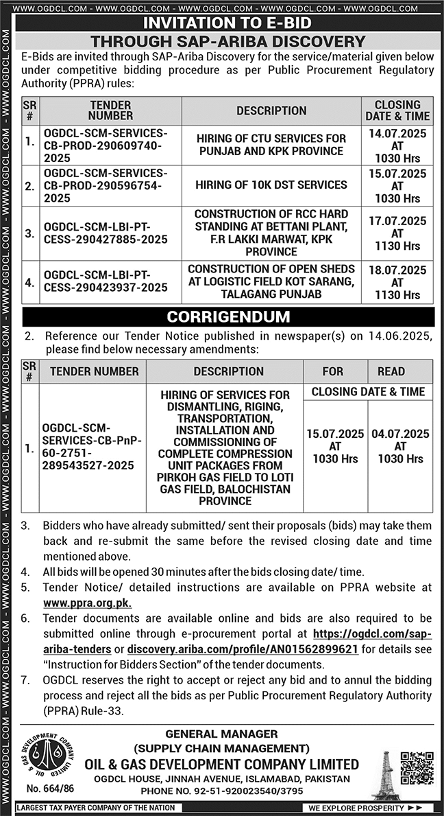 Oil & Gas Development Company Limited Islamabad Tender Notice